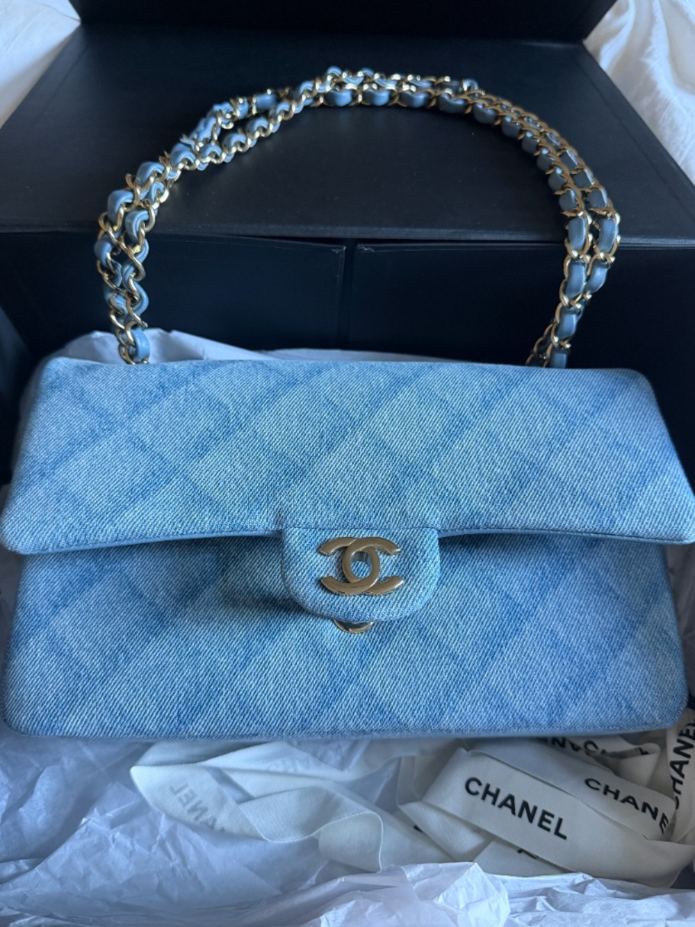CHANEL Classic Flap Medium Denim Blue Gold Hardware 22B Full Set